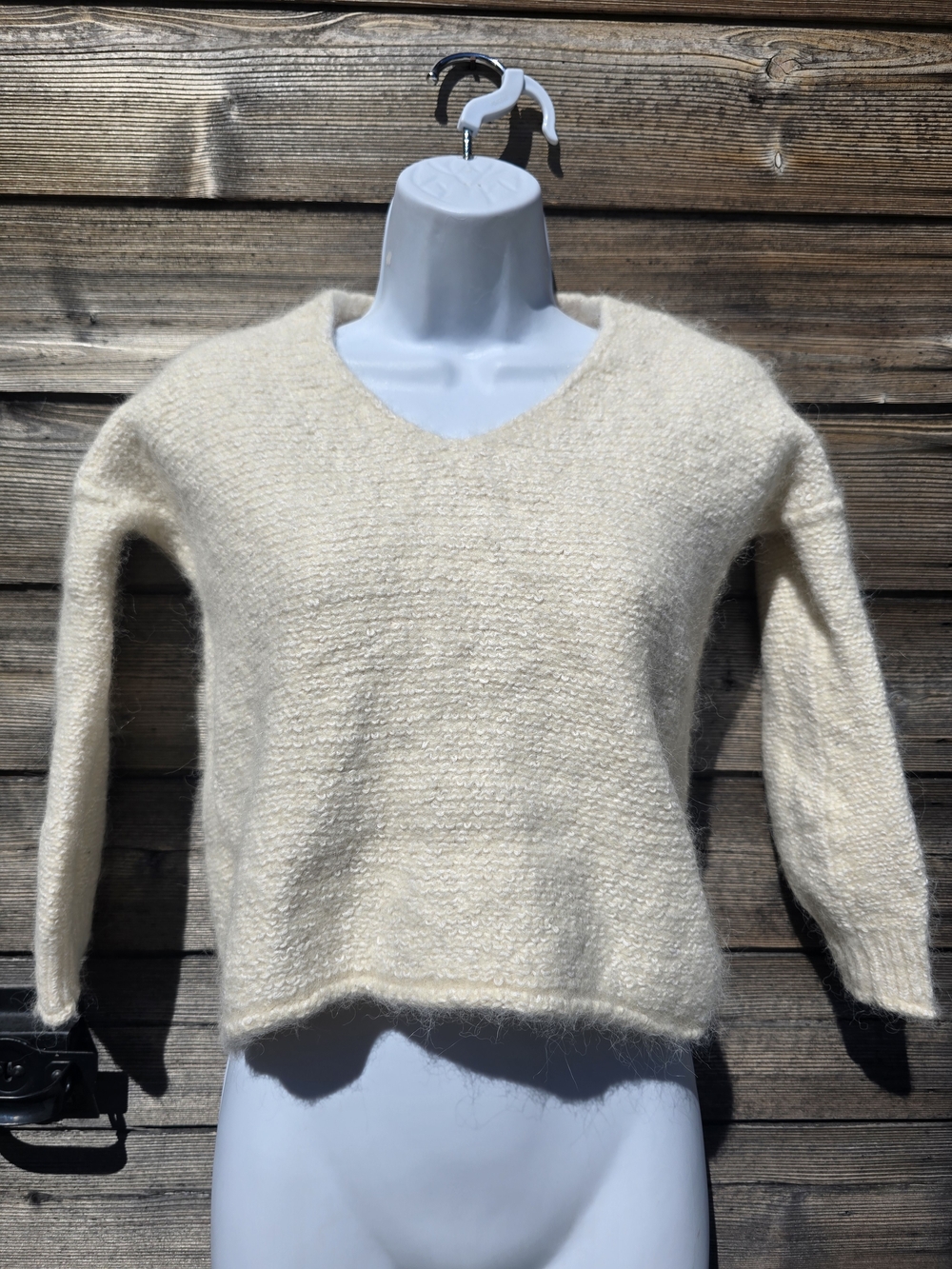 Free People Cream V-Neck Fuzzy Knit Sweater
